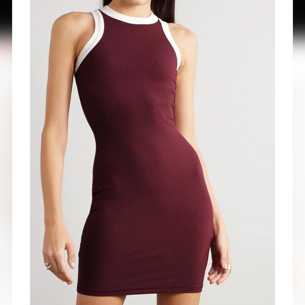 Sleeveless Burgundy Dress with White Trim